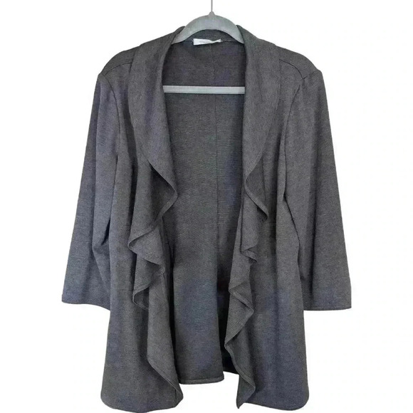 Calvin Klein Women's Ruffled 3/4 Sleeve Dark Gray Cardigan, Open Front, M/L - Picture 1 of 8